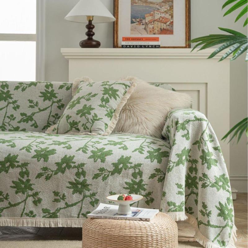Exquisite sofa towel anti-cat scratch jacquard flower bird green retro festive festival thick sofa blanket