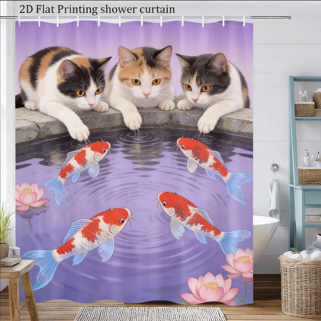 Vintage Cat Shower Curtain 180X180Cm – With Koi Fish In Abstract Water Design, Unique Bathroom Decor, 12 Hooks