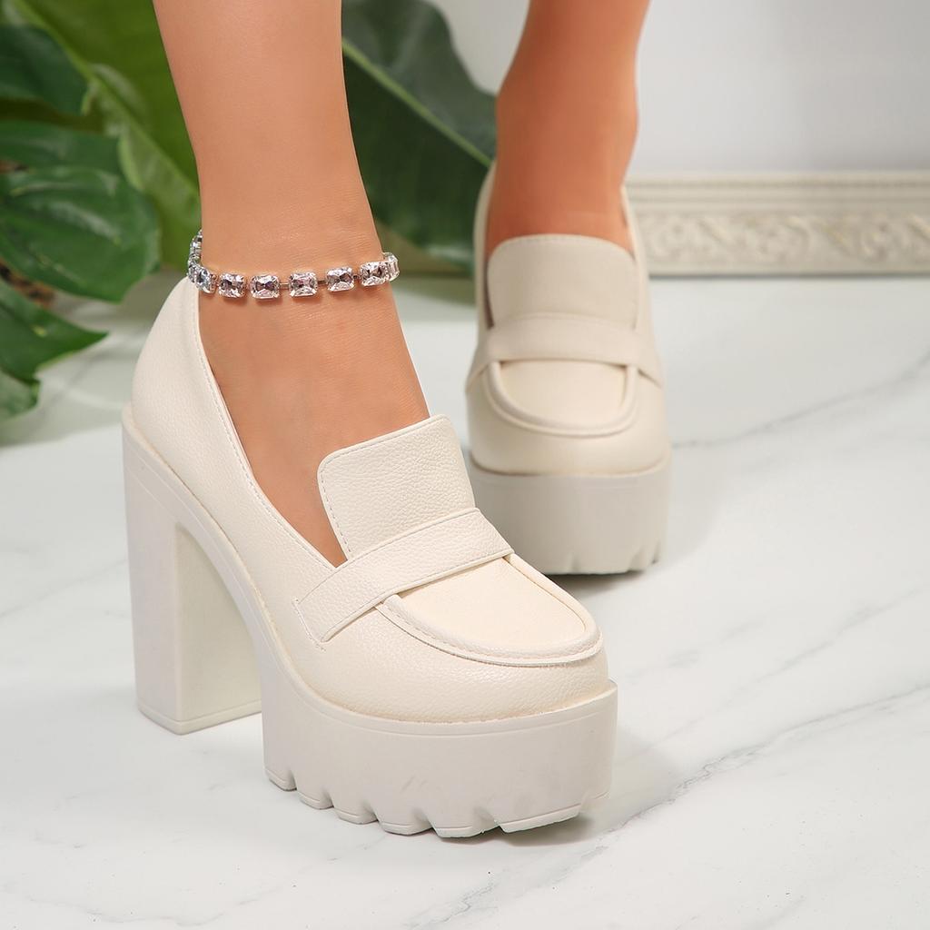 2025 spring and summer leather shoes comfortable women's shoes spring and autumn waterproof table thick heel new deep mouth high heels women's pl