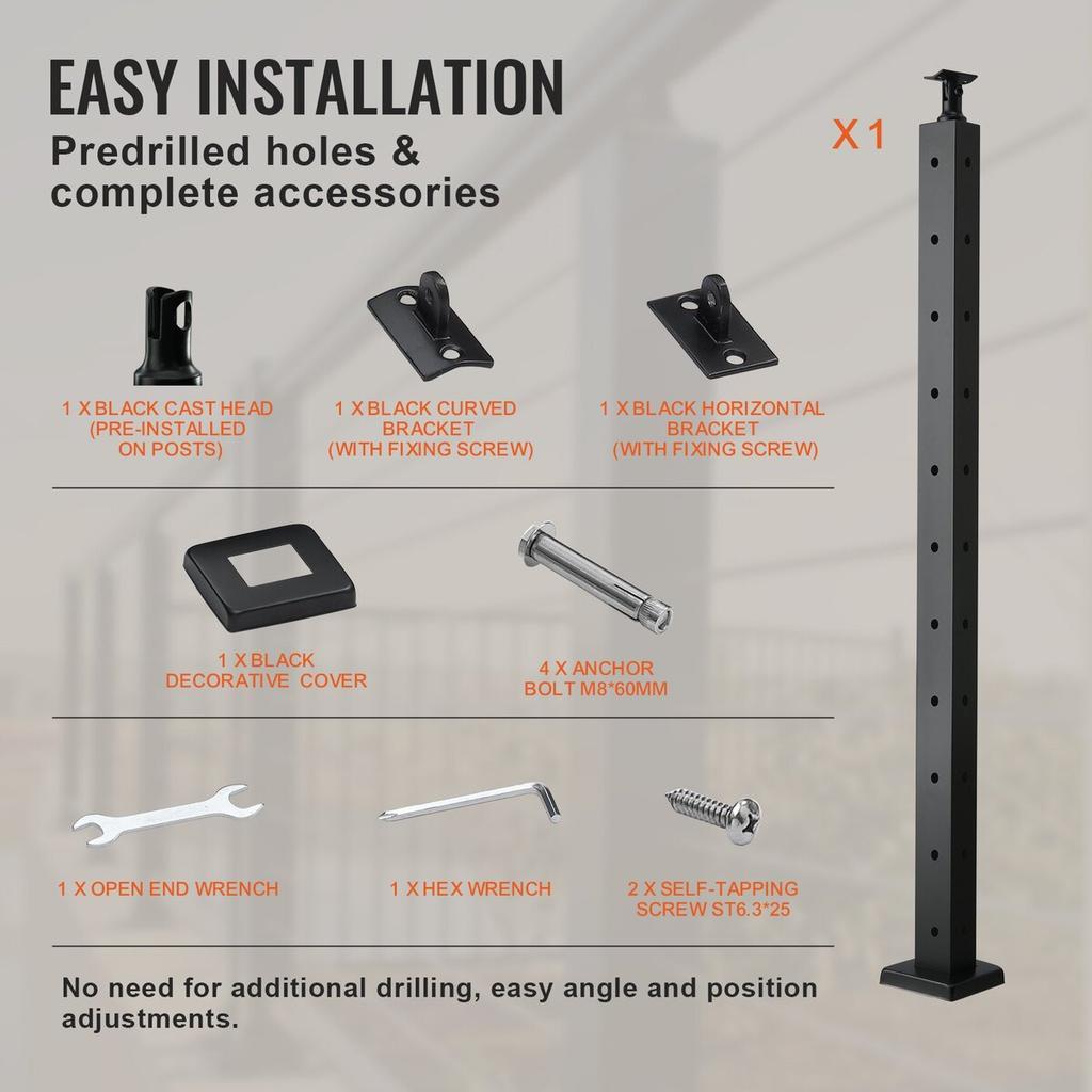 Cable Railing Post 36x1x2in L-Shaped Hole Corner Railing Post Black 1Pc