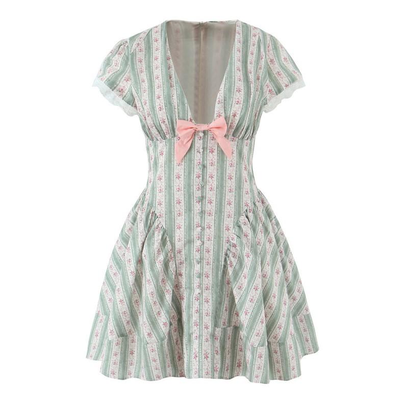 House Style French Sweet Floral Bow Striped Lace V-Neck Mini Dress Women
