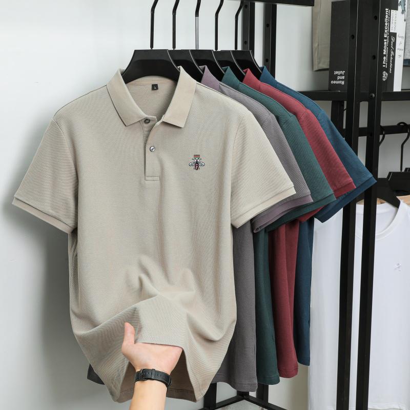Summer Men's New Bee Embroidered Solid Color Mercerized Cotton Loose Moisture Wicking and Quick Drying Casual Polo Shirt