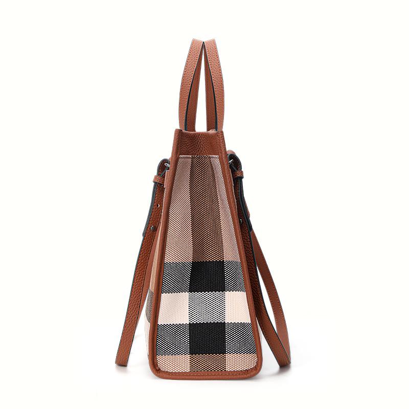 Aidrani Classic Plaid Women's Bag, Large Capacity Portable Shoulder Bag, Canvas Patchwork Cowhide, Square Handbag