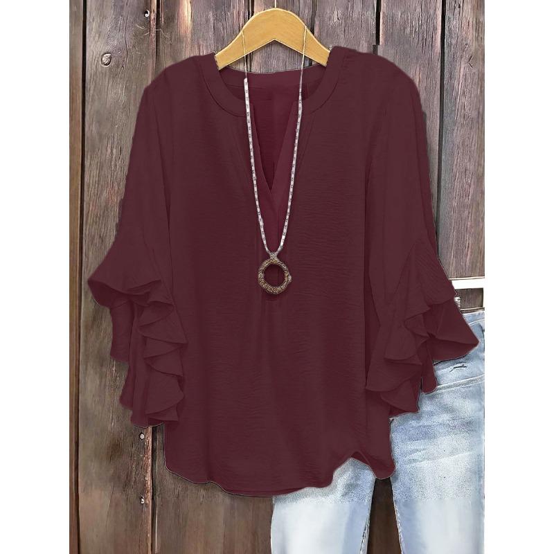Fashion V-neck Loose Women Blouse Casual Plus Size Ruffled Seven Quarter Sleeve Shirt Spring Autumn Solid Color Sweet Simple Sweet Women's Clothing