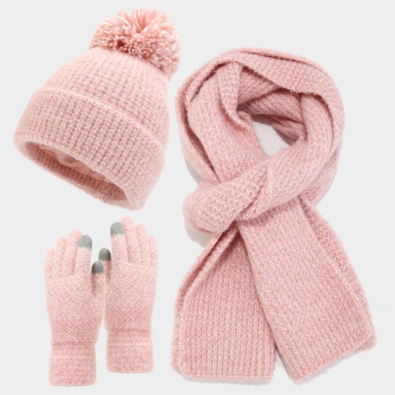 

Новый двухцветный женский комплект шапки с крупным узором и большим помпоном, утолщенный теплый на осень и зиму, простой и ветрозащитный комплект из трех предметов розовый