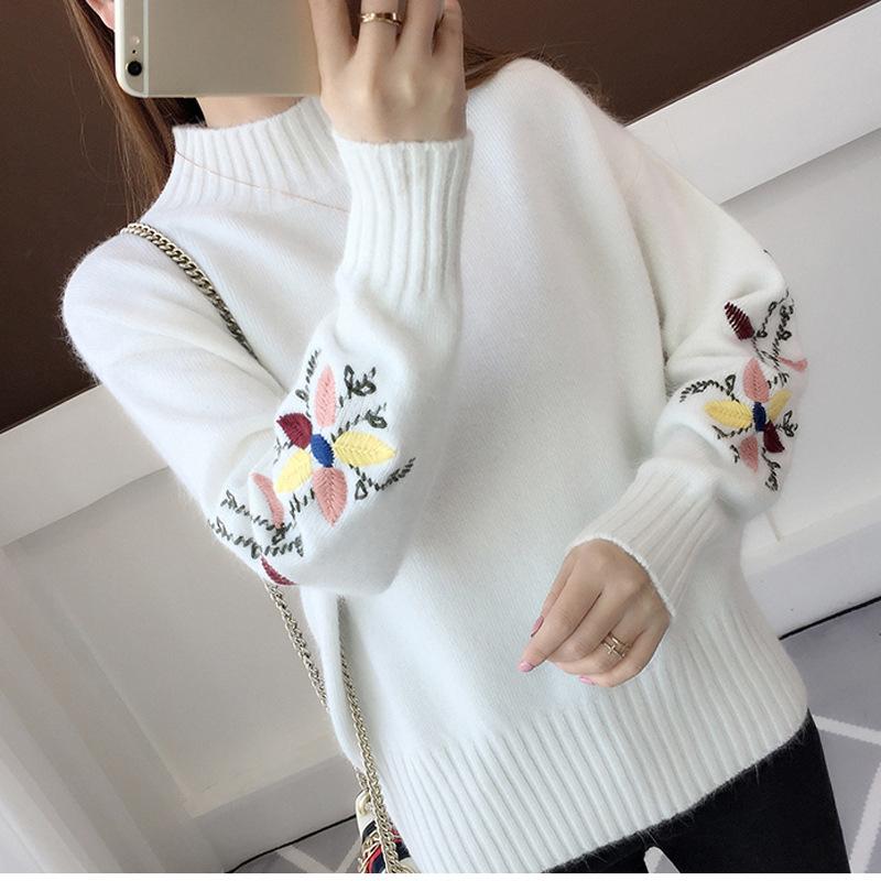 Autumn and Winter Women's Half Neck Pullover Sweater Embroidered Knitted Sweater for Women