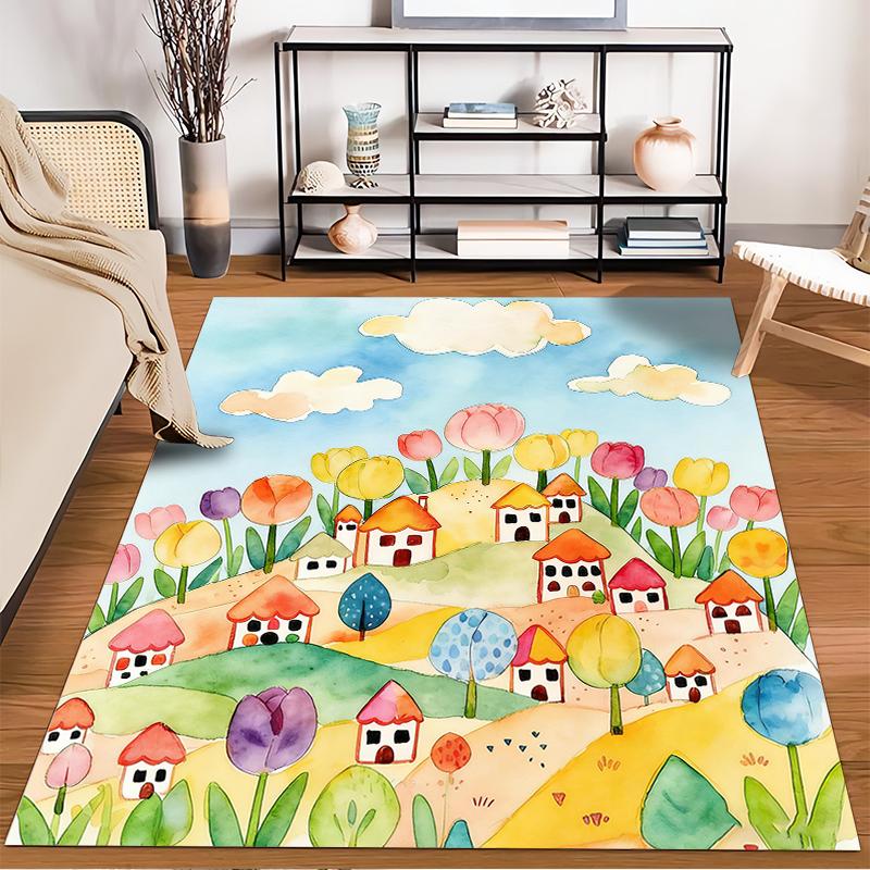 Colorful Carpet with Tulip Field and Cute Village Houses Artwork Suitable for use as an anti-slip for living room bedroom sofas