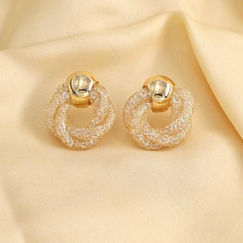 Trendy Twist Hollow Crystal Net Drop Earrings for Women Golden Silver European Simple Dangle Earrings Statement Jewelry