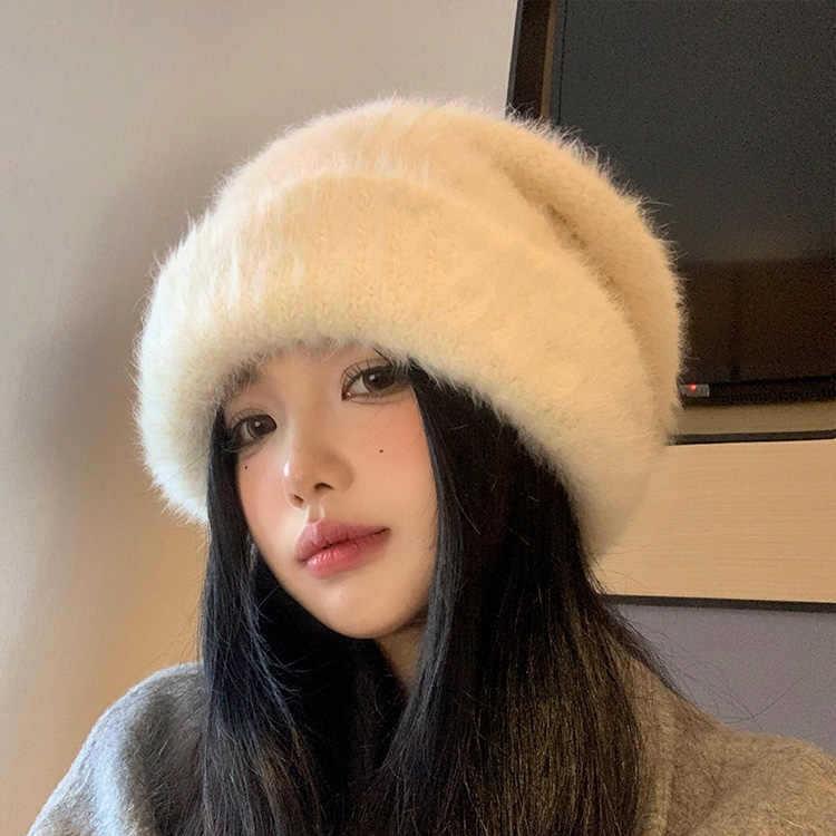 Thickened Rabbit Wool Hat In Autumn and Winter Sweet and Versatile Warm Hat Showing Face and Ear Protection Piles