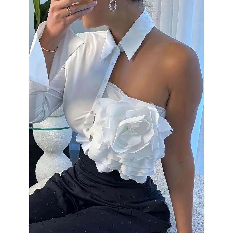 One-shoulder Skin-revealing Design Shirt and Top, Three-dimensional Large Flower Decoration, Fashionable and Elegant Versatile Clothes S белый