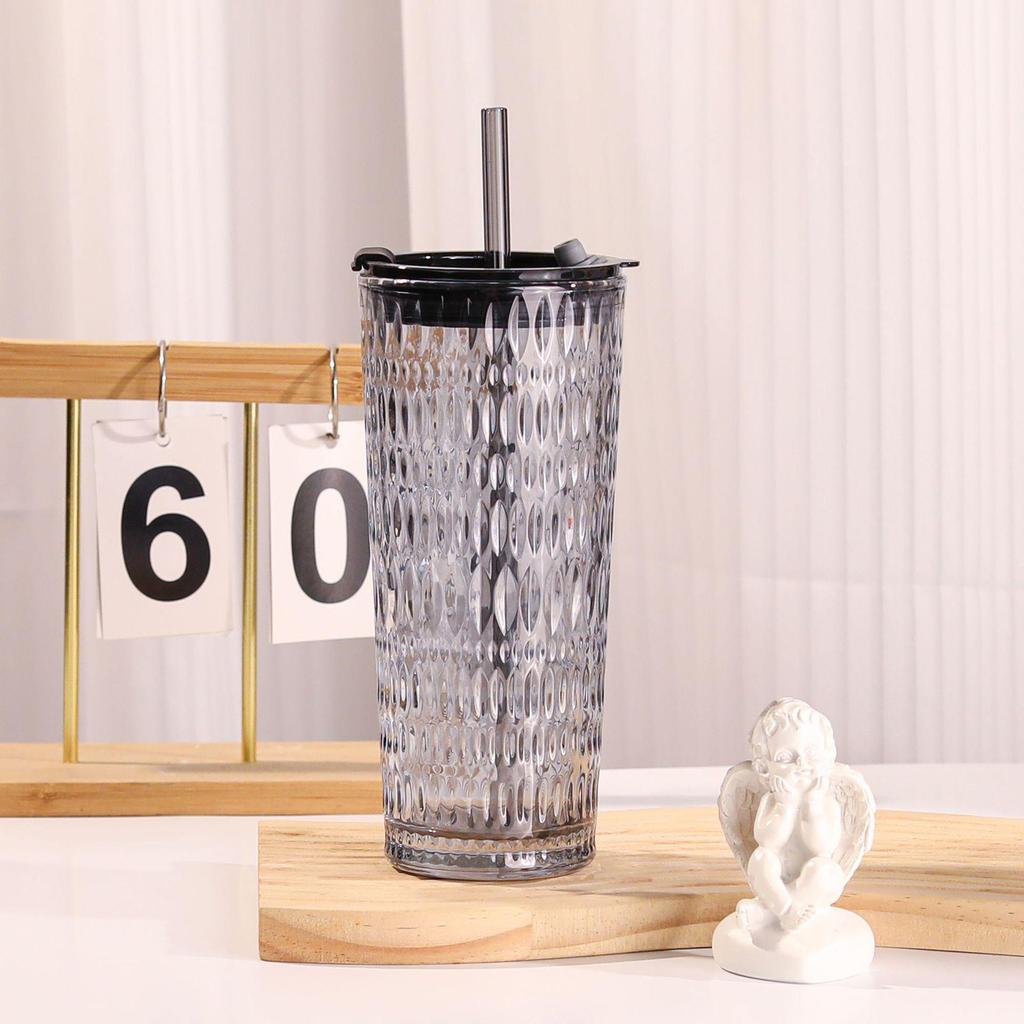 Large Capacity Transparent Glass Straw Cup with Lid for Office Drinks: Milk Tea, Coffee, Americano, Latte, Juice