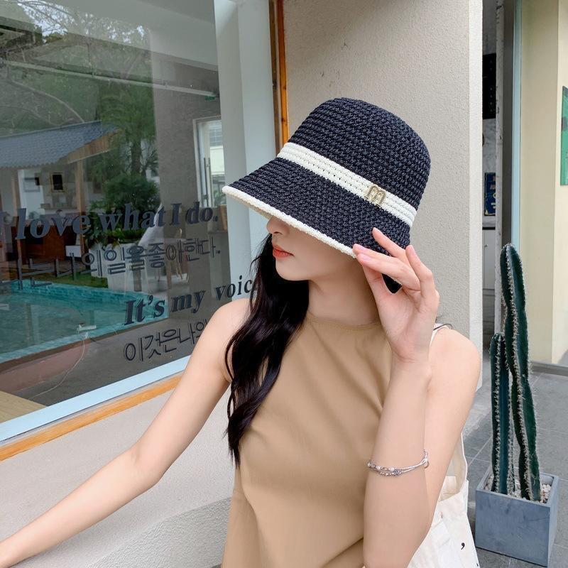 Big brim straw hat women's summer bucket hat breathable lace hollowed seaside beach French sunshade sun hat