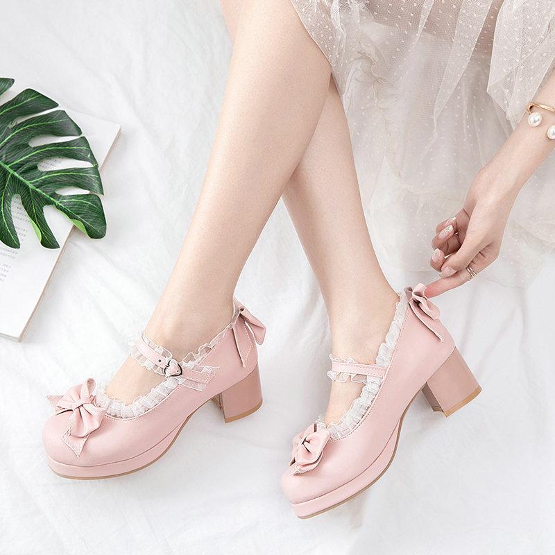 Fashion Sweet Lolita Lace Bow High Heels, Paired with a Princess Dress, Color: Pink, Sizes: 34-46.