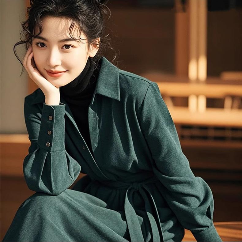Autumn and Winter New Thickened Lace-up Waist A-shaped Skirt Dark Green Polished Corduroy Shirt Dress Women