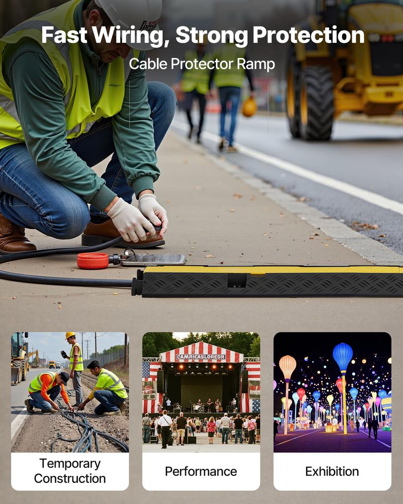 VEVOR Cable Protector Ramp, 9,979 Kg/axle Capacity, 2 Channel Heavy Duty Rubber Cord Hose Wire Cover, 32 X 31 Mm Channel
