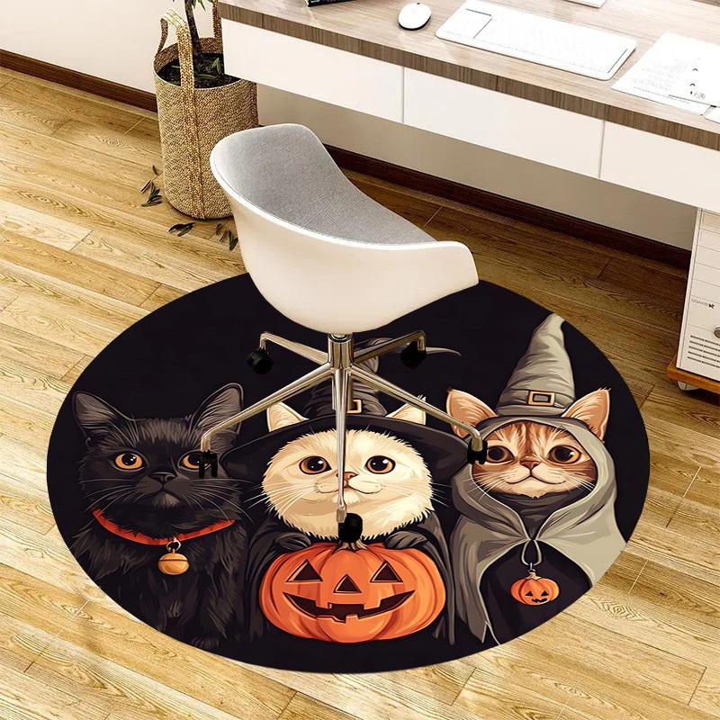 1pc Halloween cats in witch costumes with pumpkin. Round carpet, Made of Polyester,Perfect for Decorating Office Chairs, Living Rooms fplt558