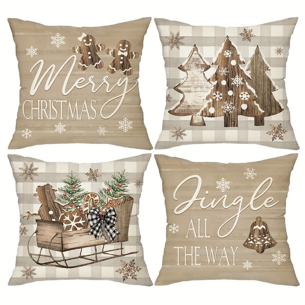 1pc/4pcs Christmas Cheer: Merry Gingerbread, Tree, Sleigh & Jingle All The Way Pillow Covers Sofa Cushion Cover Home Decoration