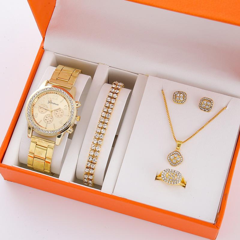 5Pcs/Set Steel Belt Women'S Watch, Fake Three-Eye Women'S Casual Quartz Watch Set (Orange Box)