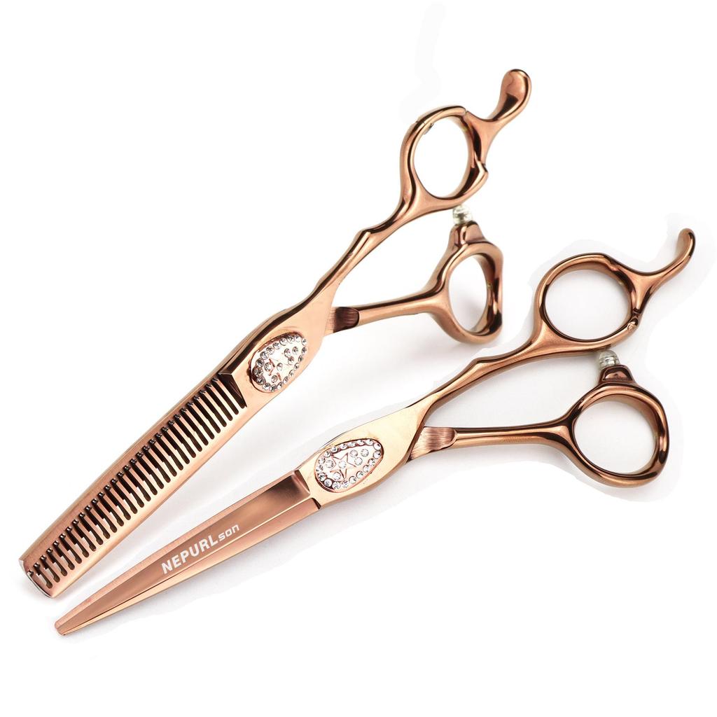 FBS-01 Bronze Gold Hairdressing Scissors Set - Straight, Serrated, Thinning Shears for Salon Use.