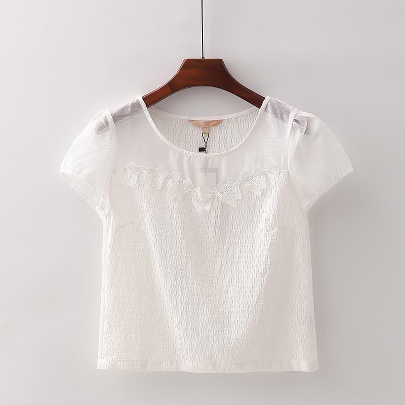 

[Nuo] Бренд Скидка Западный Стиль Женская одежда Западный Стиль Приталенный Стройнящий Вышитый Короткий рукав Кружевная Рубашка 4e089 White S/155 (blemish: dirty yellow)