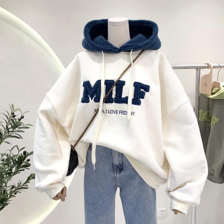 Women s Loose Patchwork Faux Lamb Flannel Hooded Sweatshirt Thickened Padded Clothing M белый