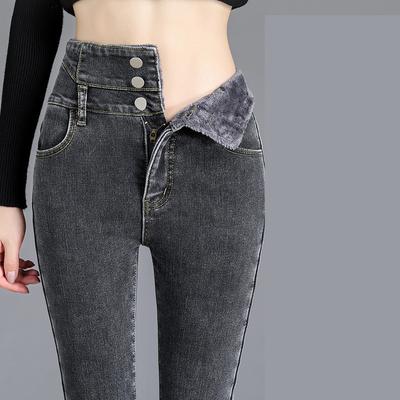 Women Lined Plus Size Jeans Winter Thick Velvet  High Waist Skinny Jeans Simple Fleece Warm Slim Fit Pencil Pants