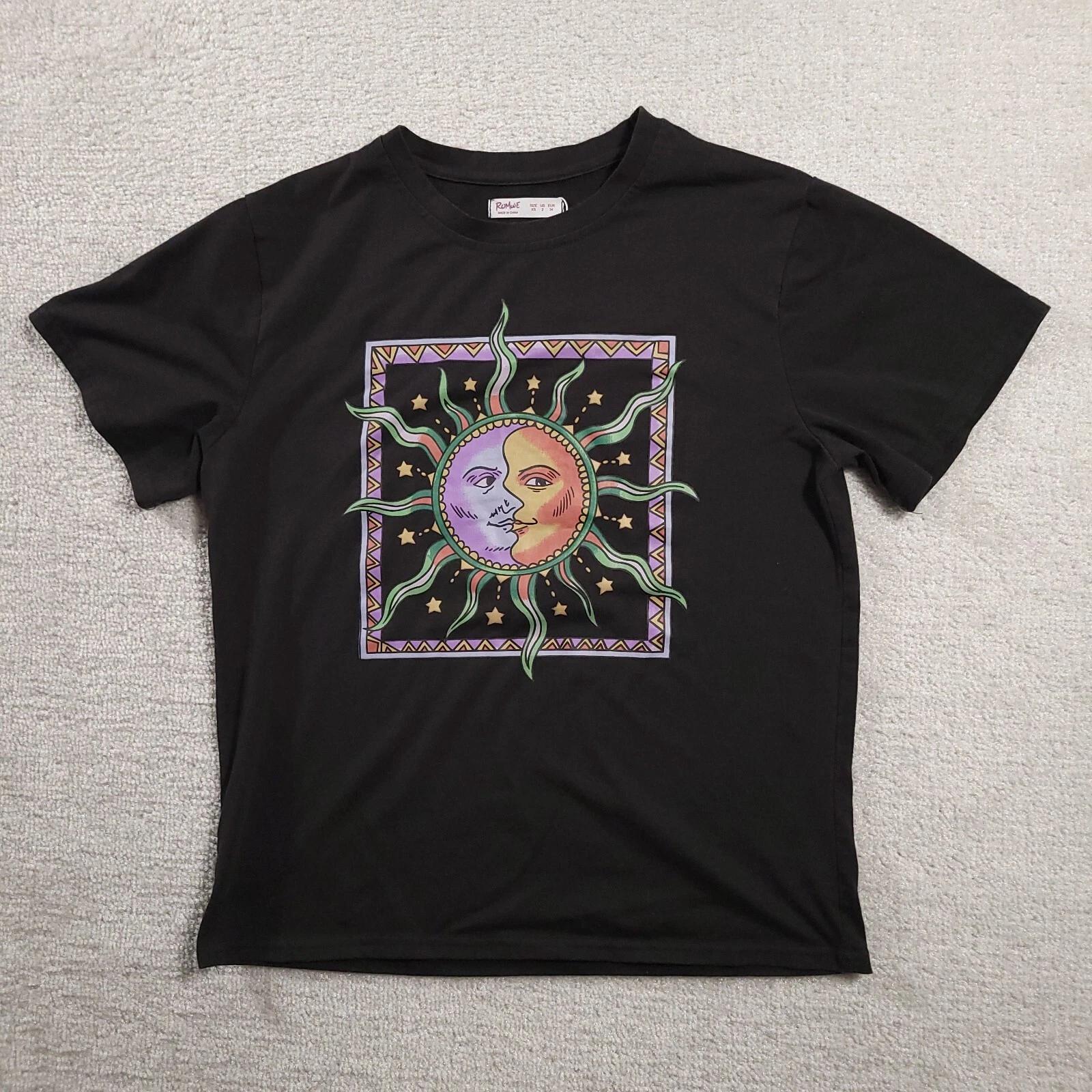 

Romwe Sun Moon Black Graphic T-shirt Short Sleeve Crewneck Womens XS 160