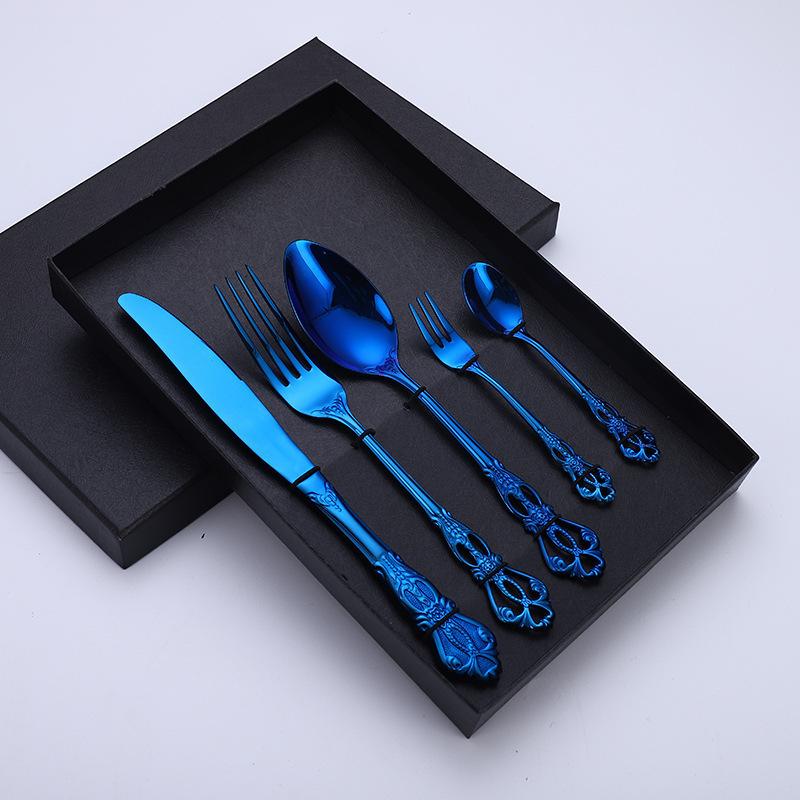 

5pcs Cutlery Set Gold Dinnerware Stainless Steel Royal Spoon Forks Knives Kitchen Western Dinner Silverware Tableware Gift синій