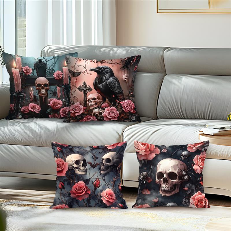 Home Decor Skulls, Roses & Raven Dark Fantasy Pillow Pattern Cushion Cover Suitable For Sofa Bedroom Car Pillow Cover