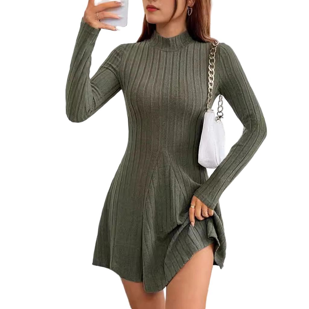 Dámské šaty svetr s dlouhým rukávem bodycon s falešným rolákem žebrovaný úplet podzimní dlouhé šaty