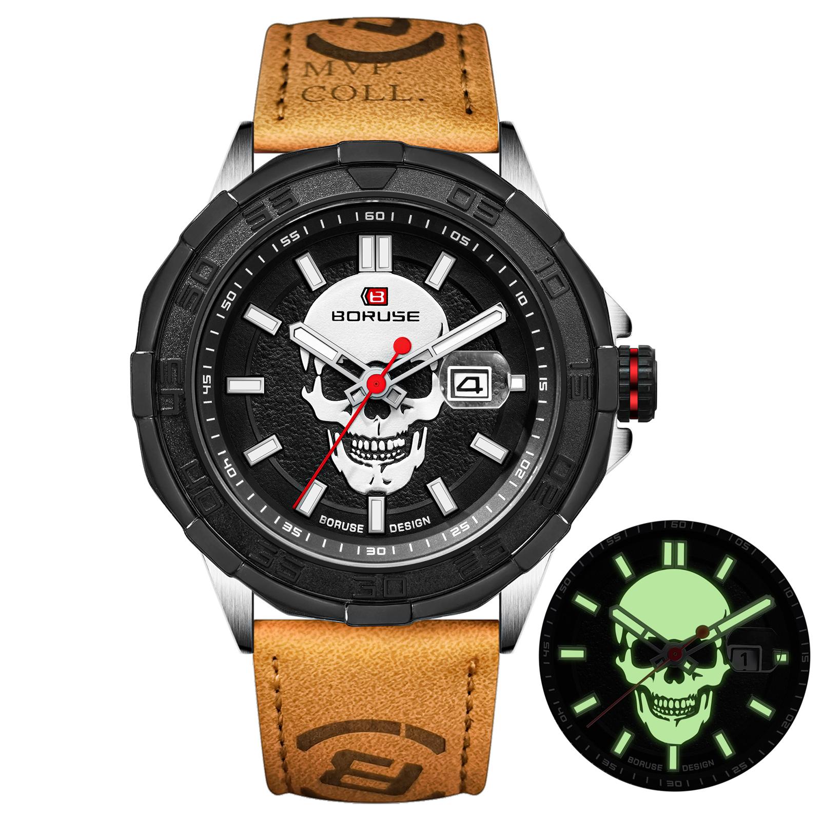 

BORUSE Skull Мужские часы Роскошные светящиеся в темноте мужские часы Мужские часы Кварцевые часы Светящиеся в темноте мужские часы Часы с силиконовым ремешком для мужчин чёрный