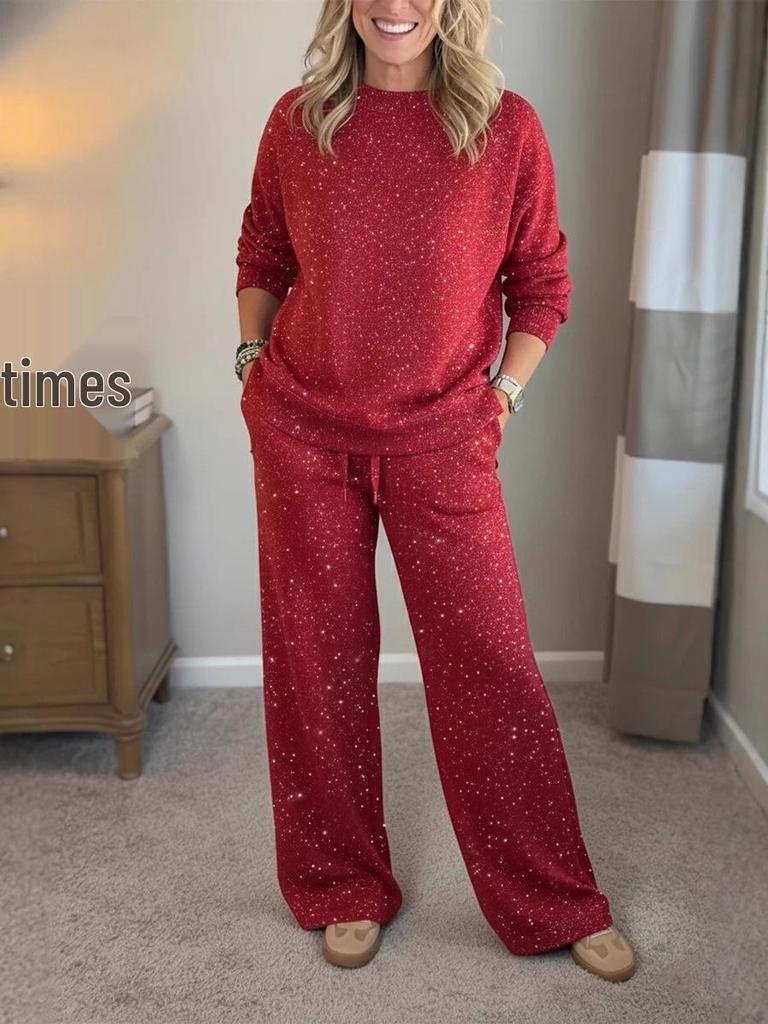 Women's Autumn & Winter Christmas Set: Long-Sleeve Round Neck Top with Drawstring Casual Pants.
