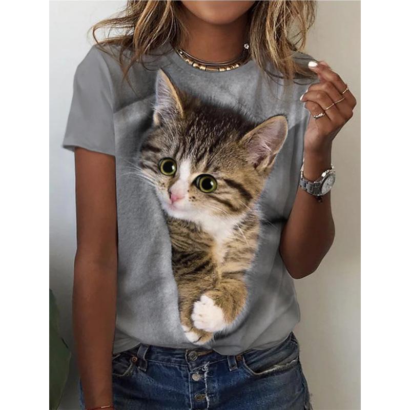 Sommer Rundhals 3D Katzenprint Top Modische Lässige Kurzarm Damen T-Shirts