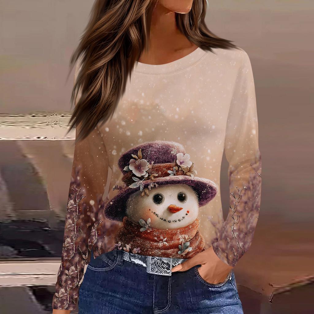 Women's Fashion Casual Slit Hem Round Neck Long Sleeve Loose Printed T-Shirt Ladies Top Christmas
