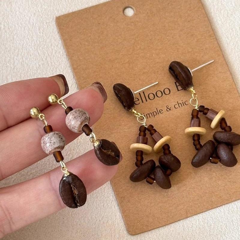 Unique Coffee Bean Studs Earrings for Fashion Enthusiasts Lightweight Wood Beaded Ear Pendants Jewelry for Daily Wear