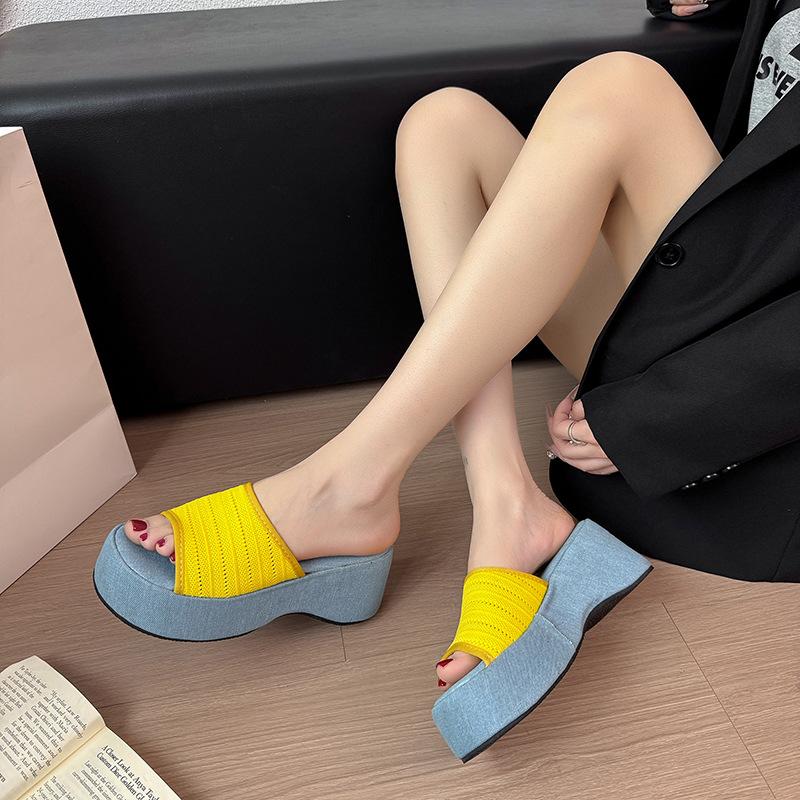 

Holiday style cover toe thick-soled slippers women s summer wear exquisite retro woven design sense one-word drag with skirt sandals 35