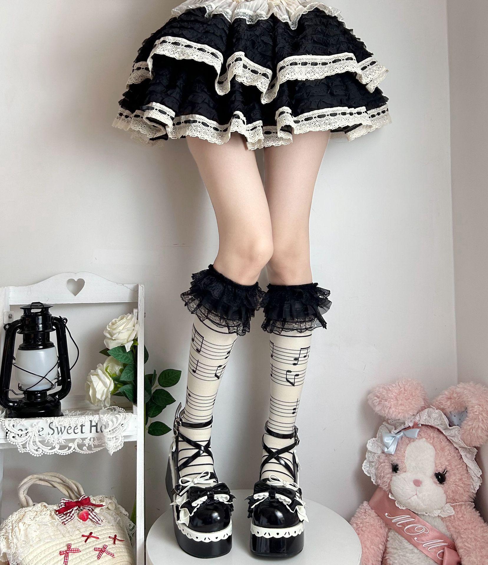 

Lolita Black Lace Mid-Calf Socks – Light Pressure Compression with Floral Trim for Teens, Youthful Ankle Socks One Size