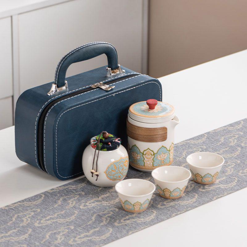 Ancient Charm Ceramic Travel Tea Set: Quick-Brew Pot with Three Cups for Outdoor Use - Customizable Logo Gift