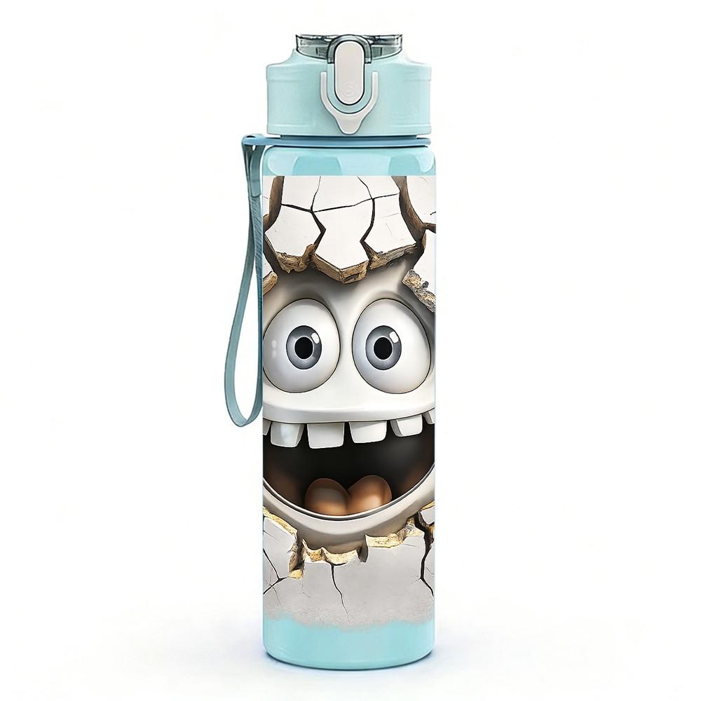 1PC Crack Wall Monster Face Cartoon Print 750ml Color Plastic Sports Water Bottle Leakproof Flip Straw Lid Suitable for Sports Office Home Use