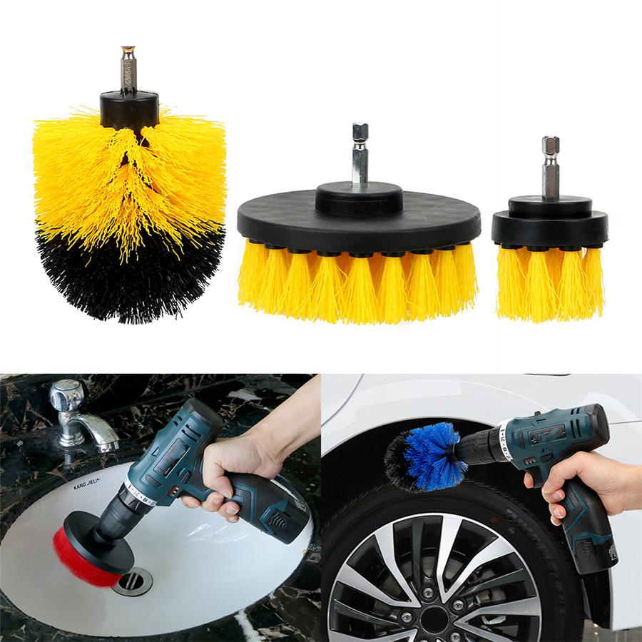 New 3 Pcs Round Car SUV Electric Bristle Drill Tub Rotary Brush Cleaing Tools Yellow