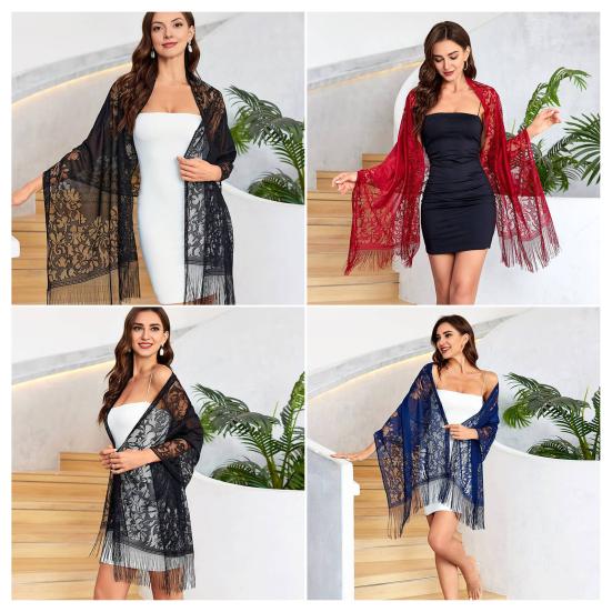 Women Shawl Hollow Embroidery Lace Flower Pattern Summer Shawl with Tassel Hem UV Protection Neck Shoulder