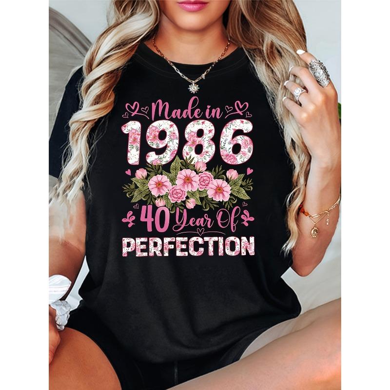 

Women s 1986 40 Years Of Perfection T-Shirt Pink Flower Heart Slogan Print Casual Short Sleeve 40th Birthday Top S чёрный