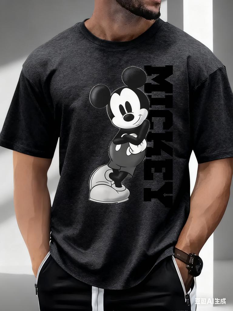 Disney Mickey Kreslené Originální Tištěné Bavlněné Tričko 2026 Pánské a Dámské Letní Nové Street Trend Ležérní Volné S Krátkým Rukávem