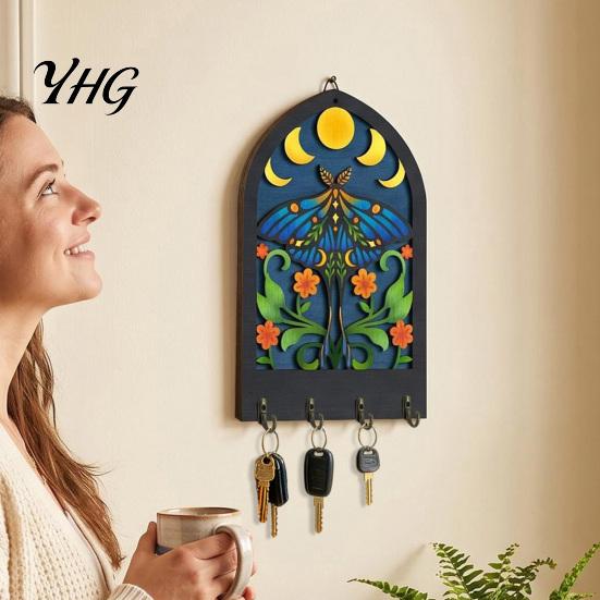 Entryway Organizer for Keys Bohemian Wooden Key Hanger, Decorative Wall Mounted Holder with 4 Metal Artistic Hooks Small Items Hooks, Hanging