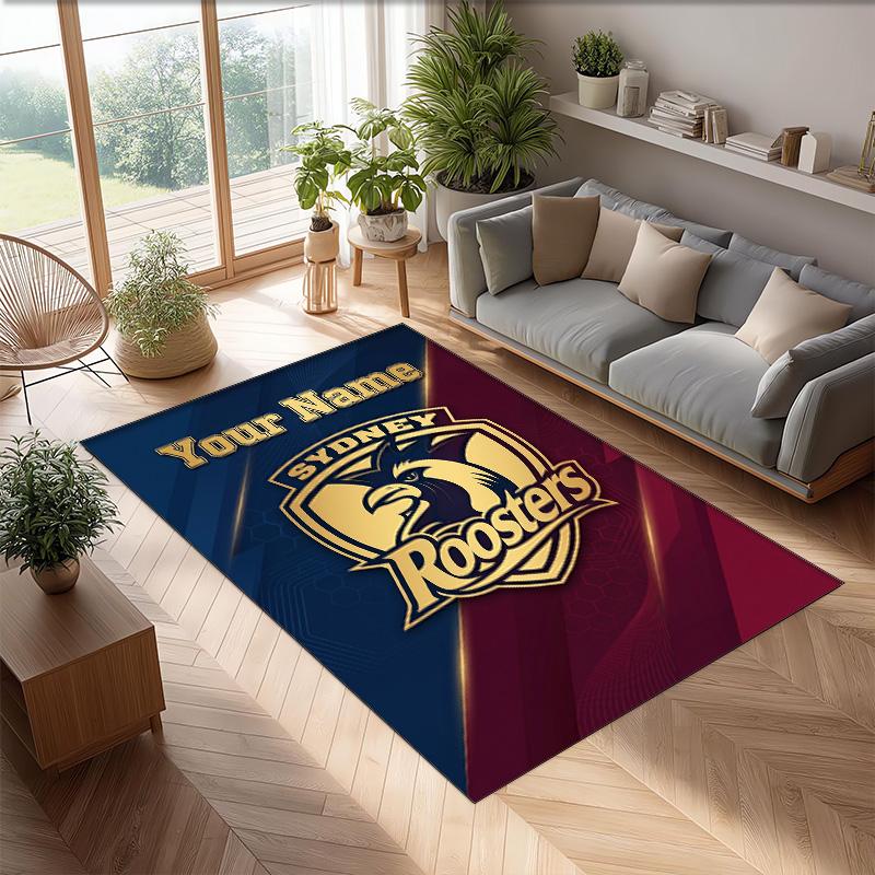 Sydney Roosters Crystal Velvet Rug, Custom Name Text Personalized Non‑Slip Floor Mat for Home Decor Gift