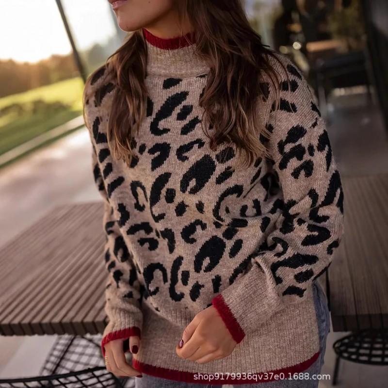 Womens Winter Leopard Print Half Turtleneck Knit Sweater Loose Fit Long Sleeve Casual Pullover