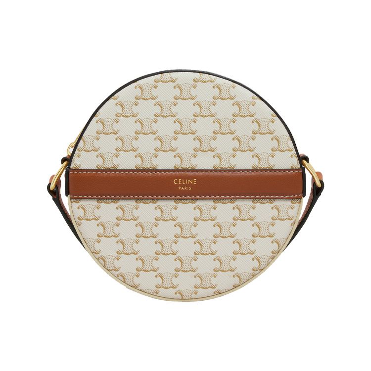Celine Triomphe Classic Monogram Print Zipper Closure Canvas And Lambskin Round Bag Women Shoulder Bag White 10G342CAM-01TA