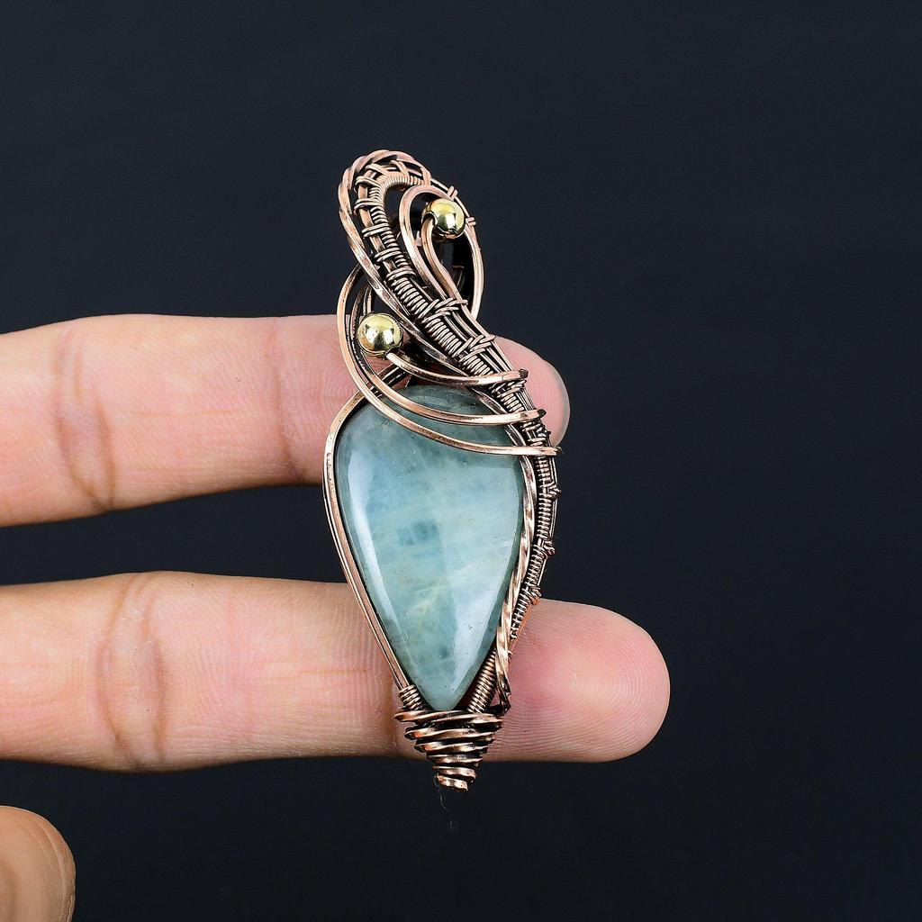Wonderful Aquamarine Gemstone Handmade Pure Copper Wire Wrapped Pendant Jewelry