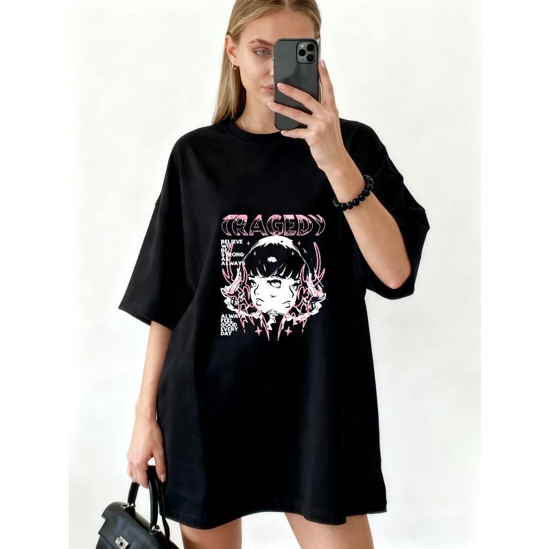 Übergroßes T-Shirt Schwarz Mit Käfig-Grafikdruck Mit Anime-Mädchen Und Textdesign Streetwear Mode Für Freizeitkleidung