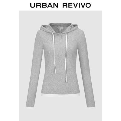 UR 2025 Fall Women's Playful Hooded Color Block Long Sleeve T-Shirt